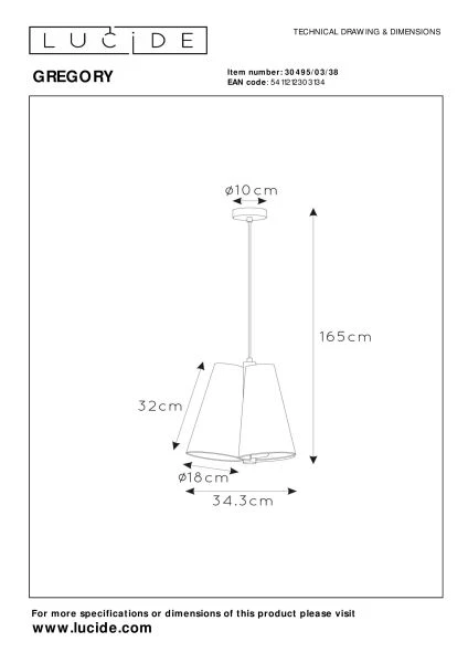 Lucide GREGORY - Pendant light - Ø 34,3 cm - 3xE27 - Cream - technical